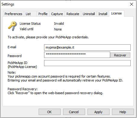 License Tab in Settings Dialog