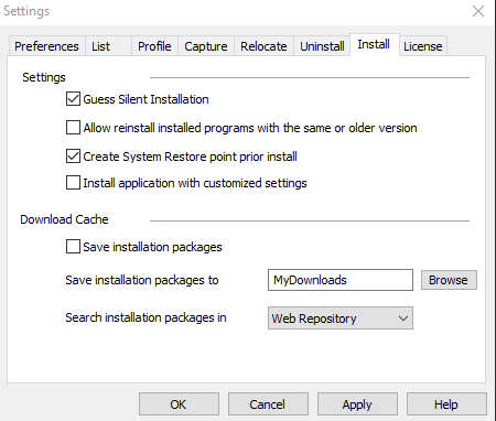 Install Tab of the Settings Dialog